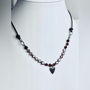 Silpada Rare Oxidized Sterling Heart & Garnet Beaded Necklace w/Leather Accents